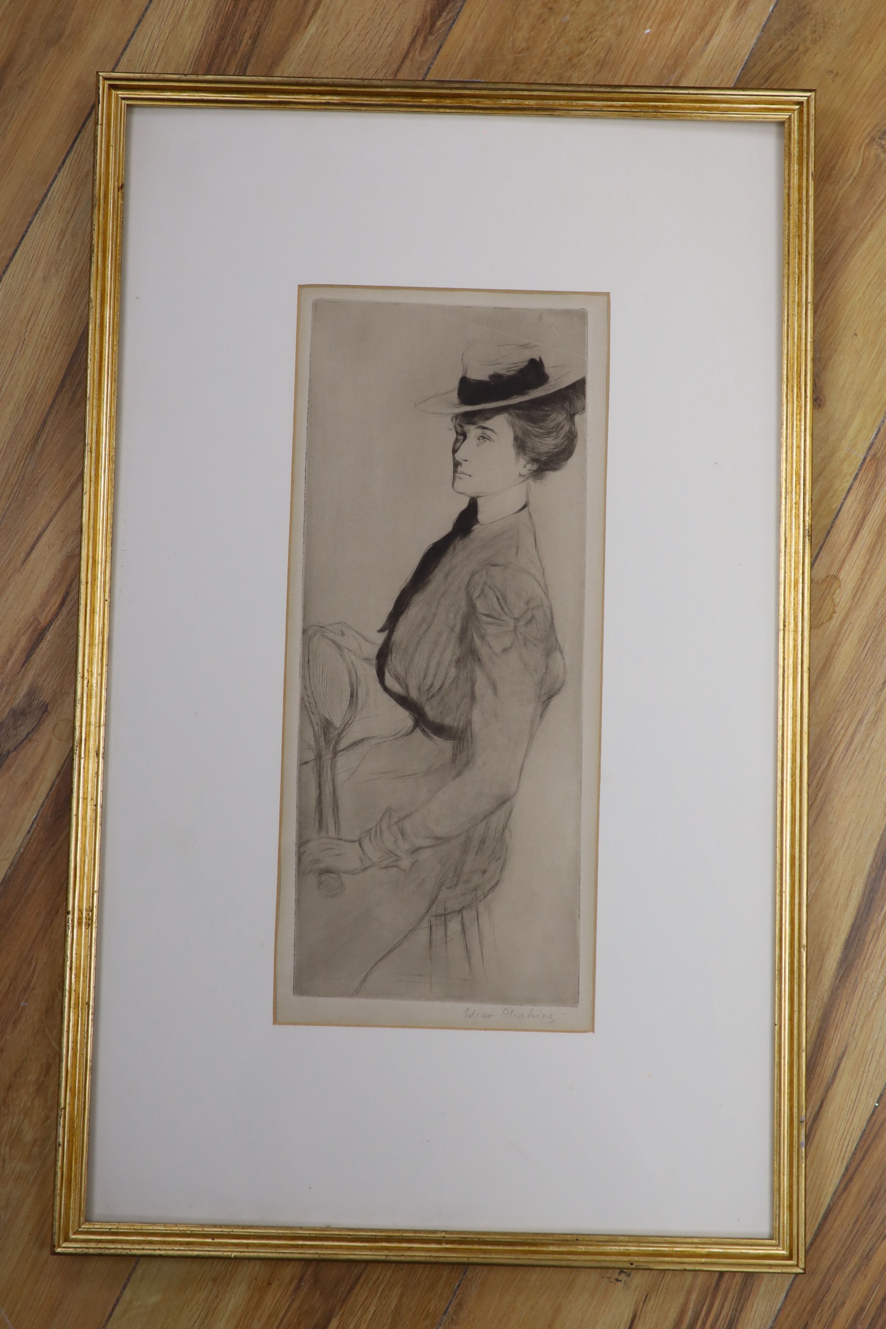 Edgar Chahine (1874-1947), drypoint etching, Demoiselle au Tennis, 1899, signed in pencil, from the edition of 70, 38 x 15cm